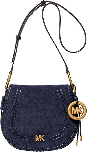 Michael Kors Josie Medium Saddle Flap Messenger 90-day low price $197.79 with 34 percent sav Navy blue suede crossbody bag with gold accents and a circular MK charm.