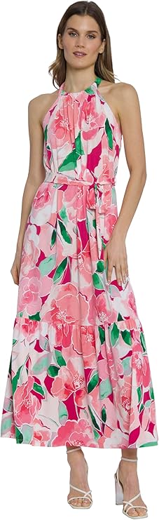Maggy London Women's Versatile Halter Maxi Dress $39.90 FREE Returns Woman in a floral pink and green dress, standing confidently in high-heeled shoes.